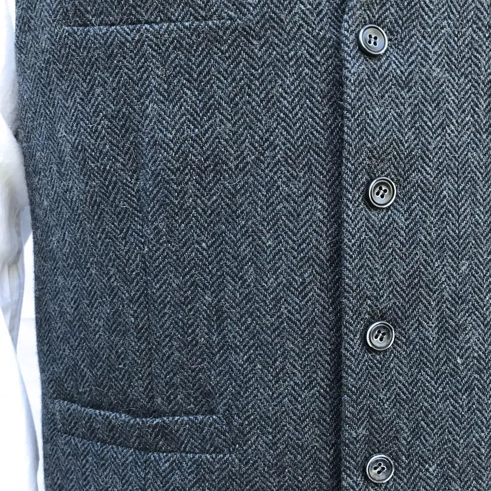 Wool Blend Irish Tweed Mens Vest with Full Back, Adjustable Fabric Belt, 4 Pockets, and Herringbone Pattern