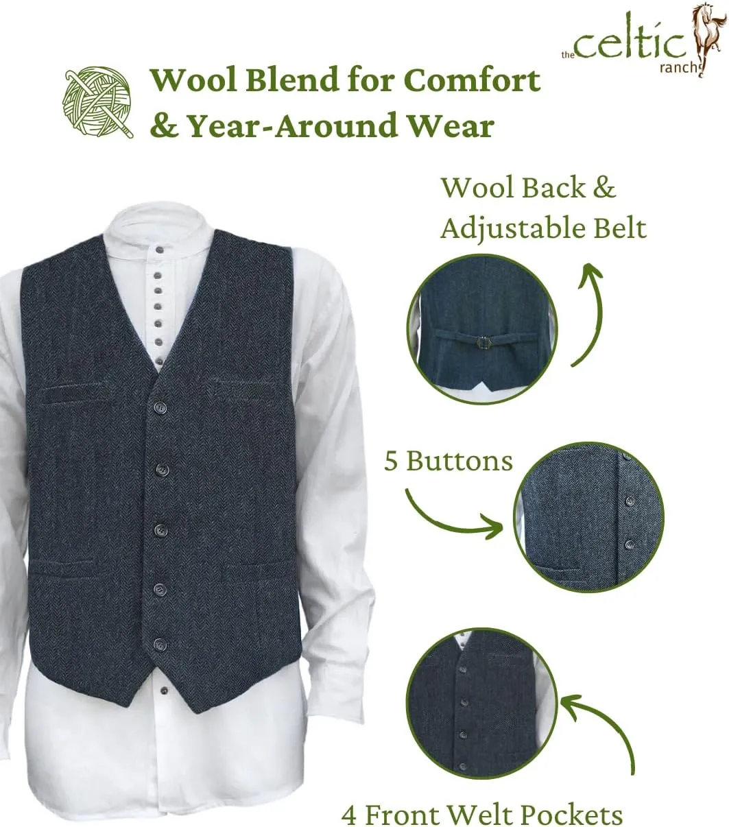 Wool Blend Irish Tweed Mens Vest with Full Back, Adjustable Fabric Belt, 4 Pockets, and Herringbone Pattern