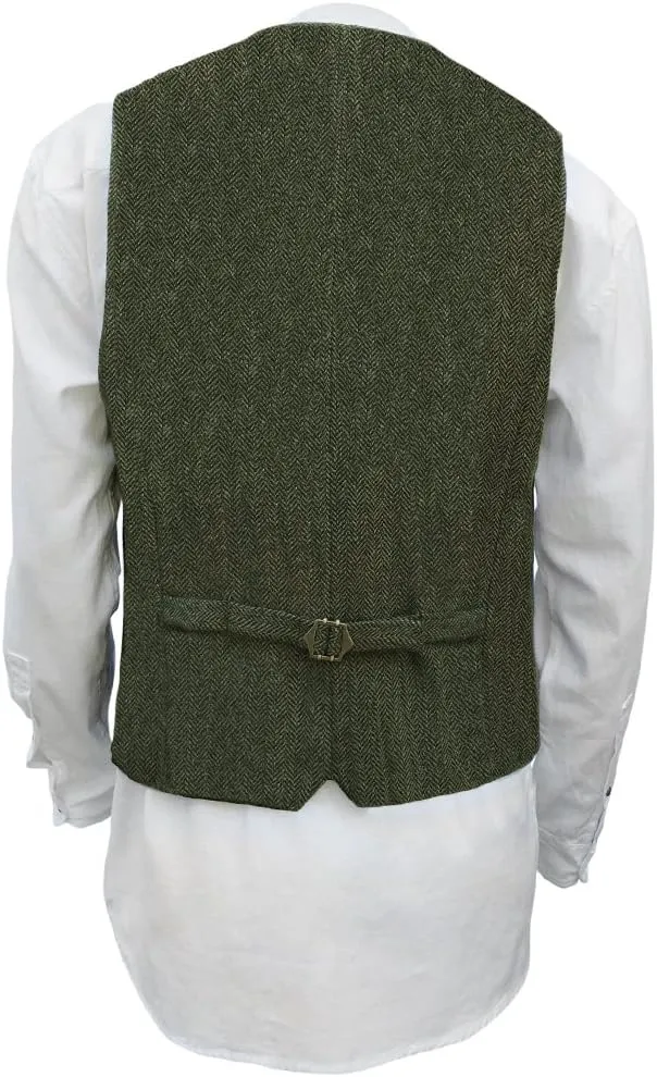 Wool Blend Irish Tweed Mens Vest with Full Back, Adjustable Fabric Belt, 4 Pockets, and Herringbone Pattern