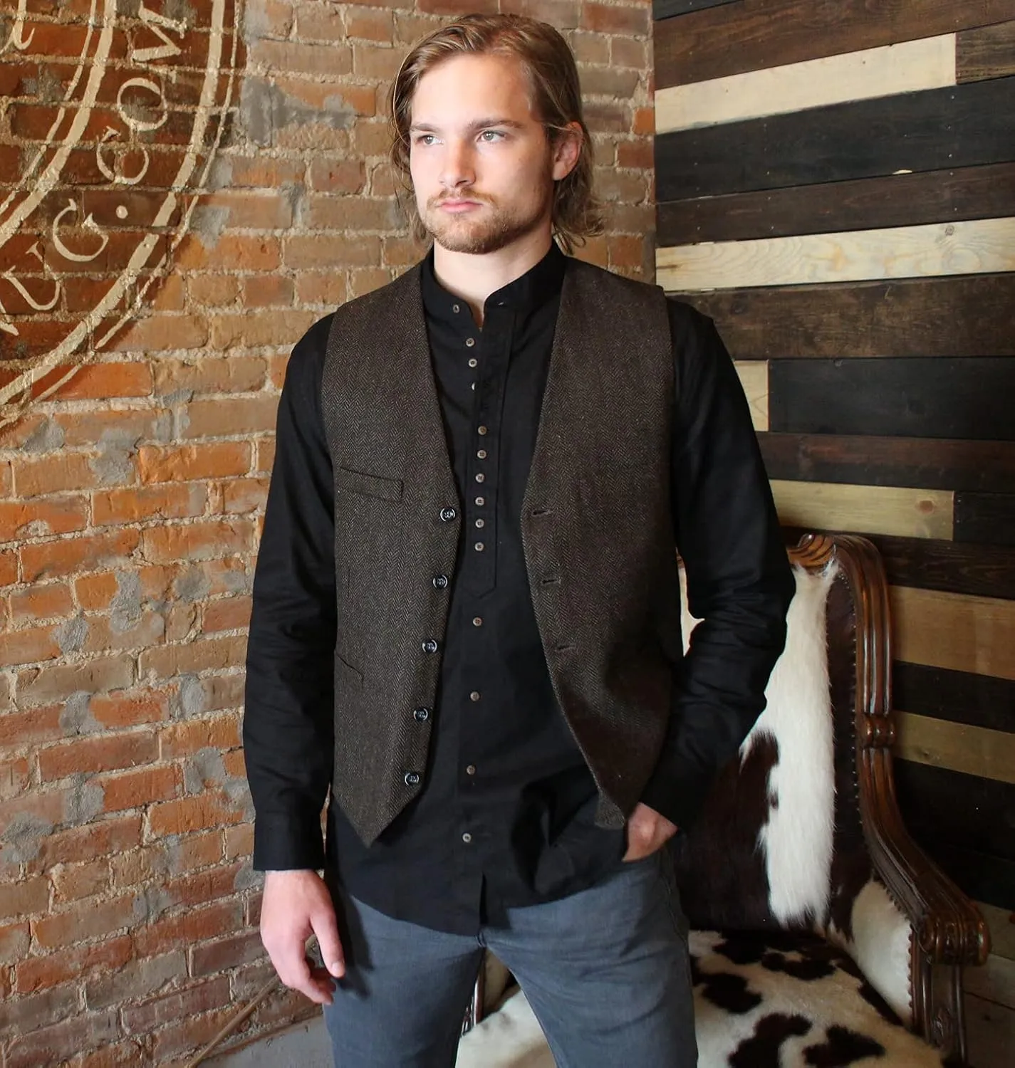 Wool Blend Irish Tweed Mens Vest with Full Back, Adjustable Fabric Belt, 4 Pockets, and Herringbone Pattern