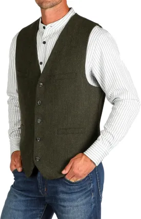 Wool Blend Irish Tweed Mens Vest with Full Back, Adjustable Fabric Belt, 4 Pockets, and Herringbone Pattern
