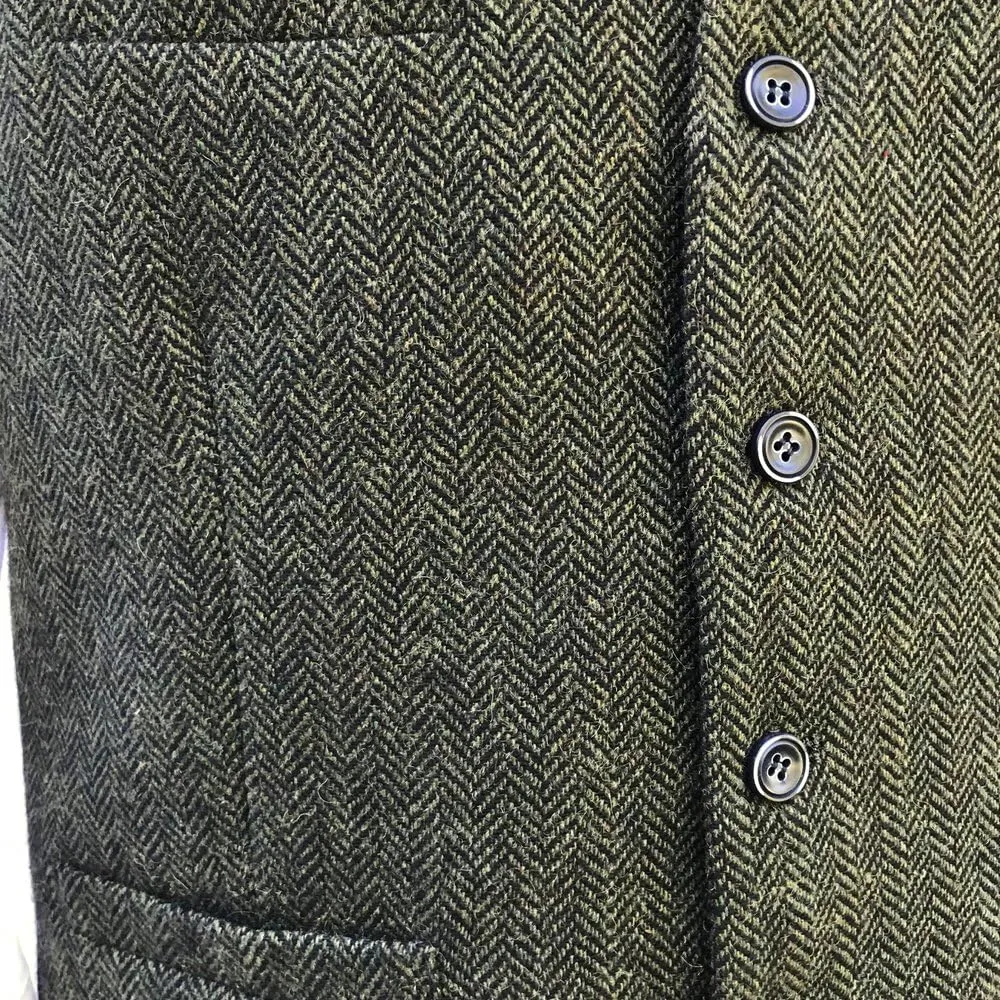 Wool Blend Irish Tweed Mens Vest with Full Back, Adjustable Fabric Belt, 4 Pockets, and Herringbone Pattern