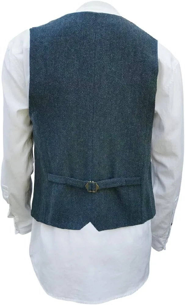 Wool Blend Irish Tweed Mens Vest with Full Back, Adjustable Fabric Belt, 4 Pockets, and Herringbone Pattern