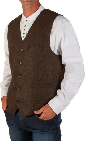 Wool Blend Irish Tweed Mens Vest with Full Back, Adjustable Fabric Belt, 4 Pockets, and Herringbone Pattern