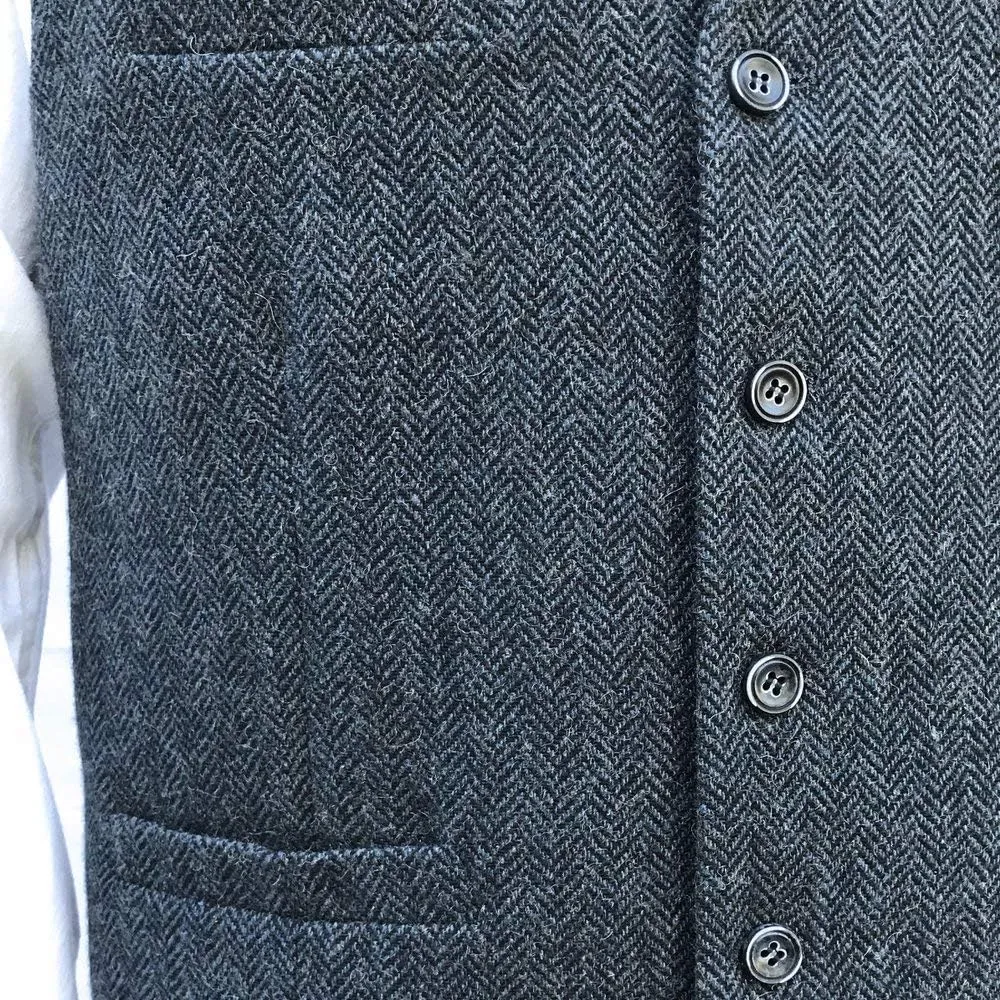 Wool Blend Irish Tweed Mens Vest with Full Back, Adjustable Fabric Belt, 4 Pockets, and Herringbone Pattern