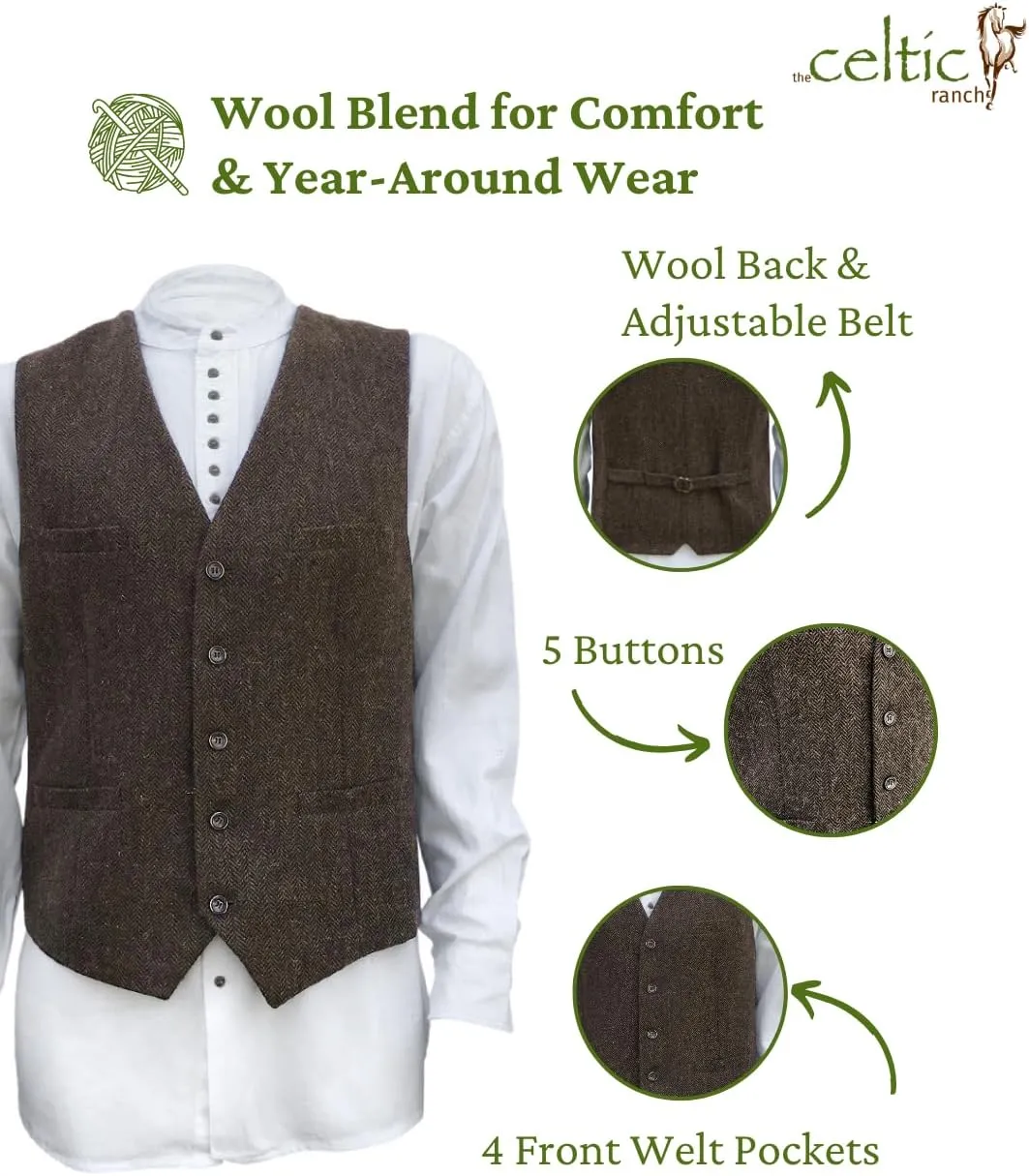 Wool Blend Irish Tweed Mens Vest with Full Back, Adjustable Fabric Belt, 4 Pockets, and Herringbone Pattern