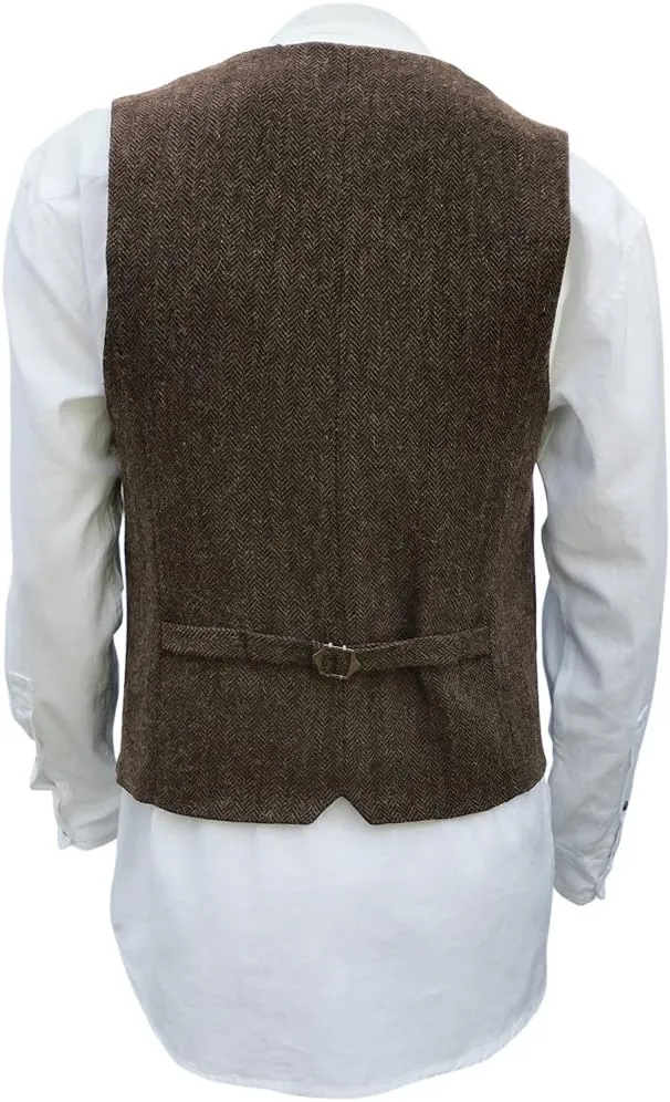 Wool Blend Irish Tweed Mens Vest with Full Back, Adjustable Fabric Belt, 4 Pockets, and Herringbone Pattern