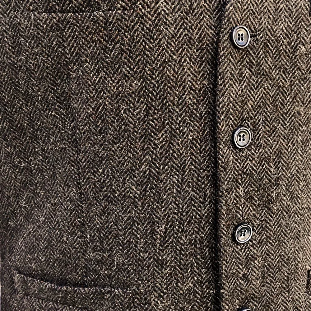 Wool Blend Irish Tweed Mens Vest with Full Back, Adjustable Fabric Belt, 4 Pockets, and Herringbone Pattern