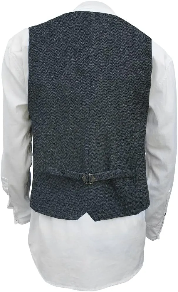 Wool Blend Irish Tweed Mens Vest with Full Back, Adjustable Fabric Belt, 4 Pockets, and Herringbone Pattern