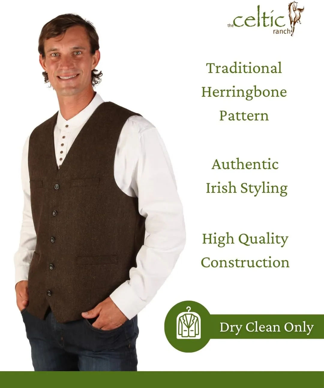 Wool Blend Irish Tweed Mens Vest with Full Back, Adjustable Fabric Belt, 4 Pockets, and Herringbone Pattern