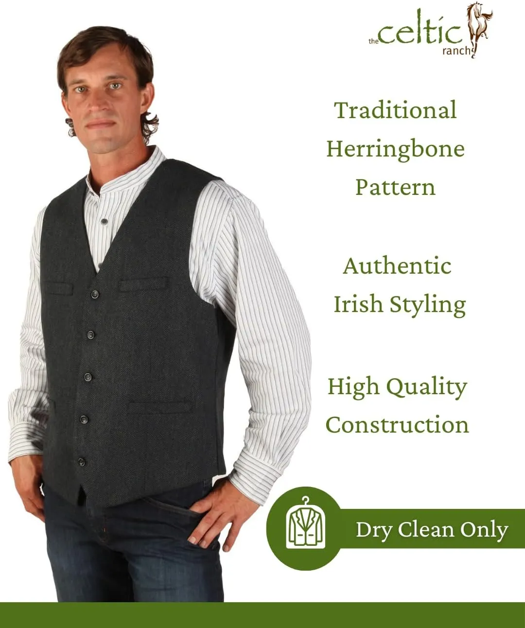 Wool Blend Irish Tweed Mens Vest with Full Back, Adjustable Fabric Belt, 4 Pockets, and Herringbone Pattern