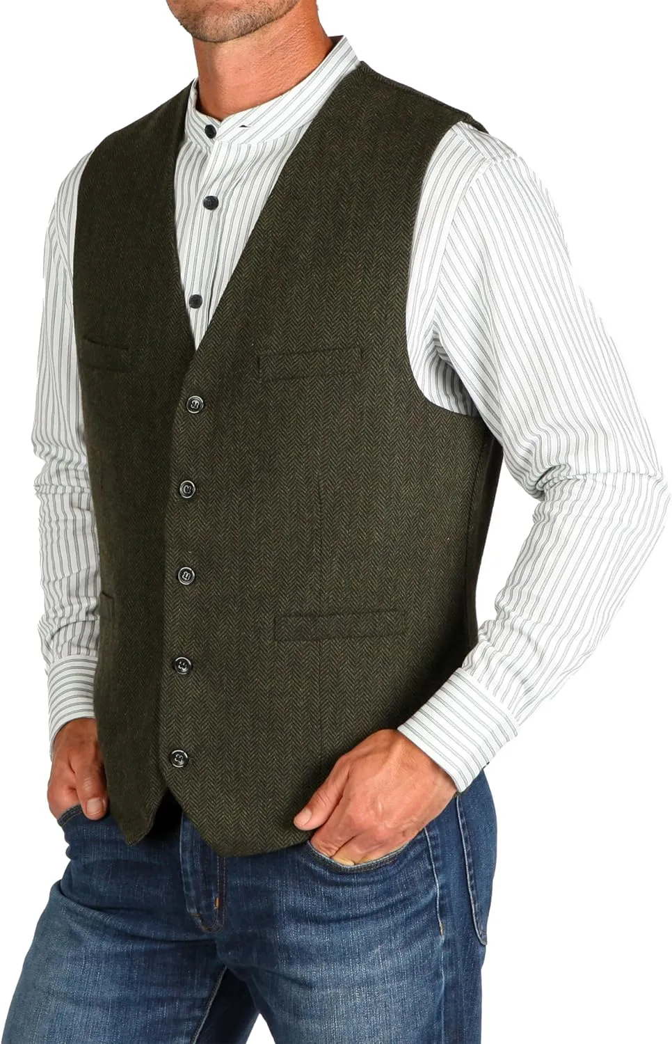 Wool Blend Irish Tweed Mens Vest with Full Back, Adjustable Fabric Belt, 4 Pockets, and Herringbone Pattern
