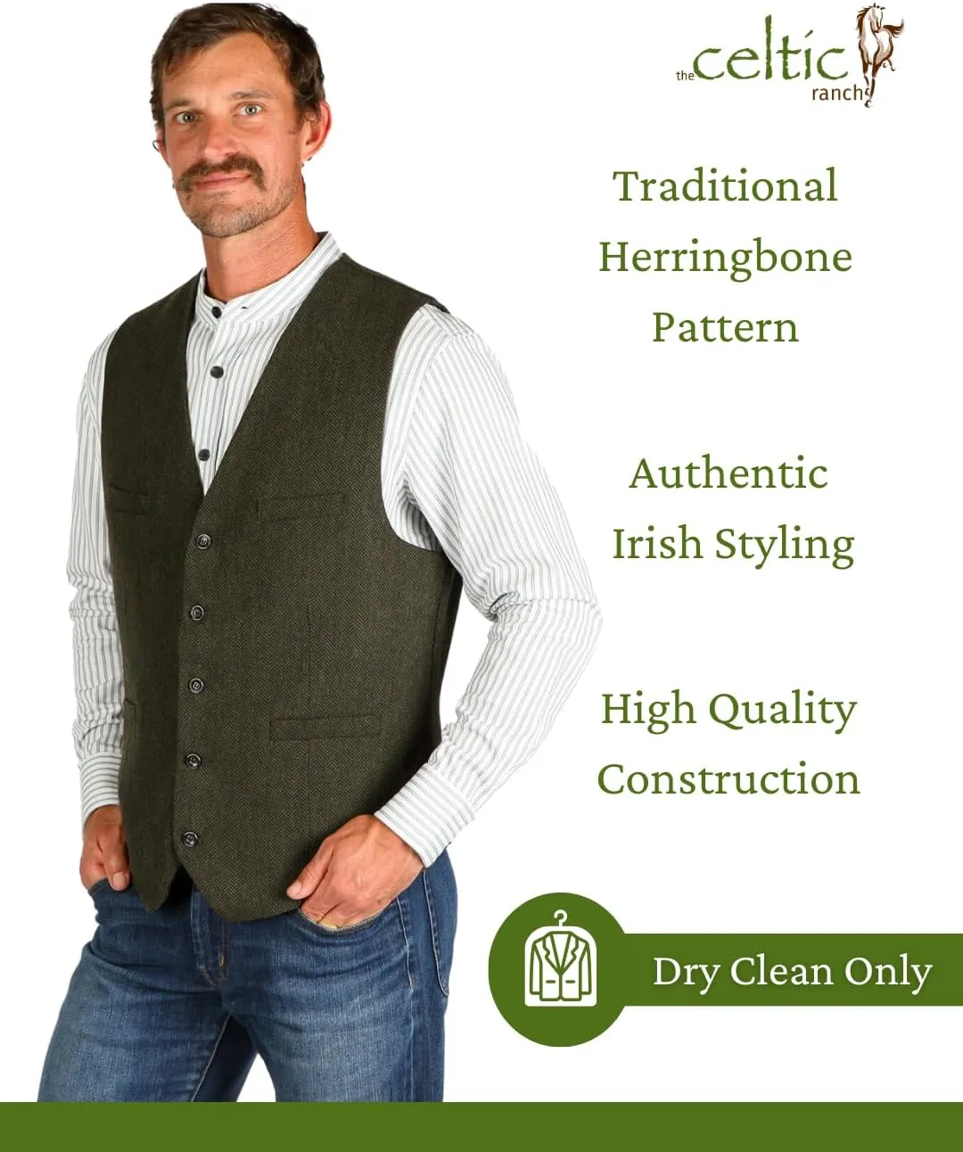 Wool Blend Irish Tweed Mens Vest with Full Back, Adjustable Fabric Belt, 4 Pockets, and Herringbone Pattern