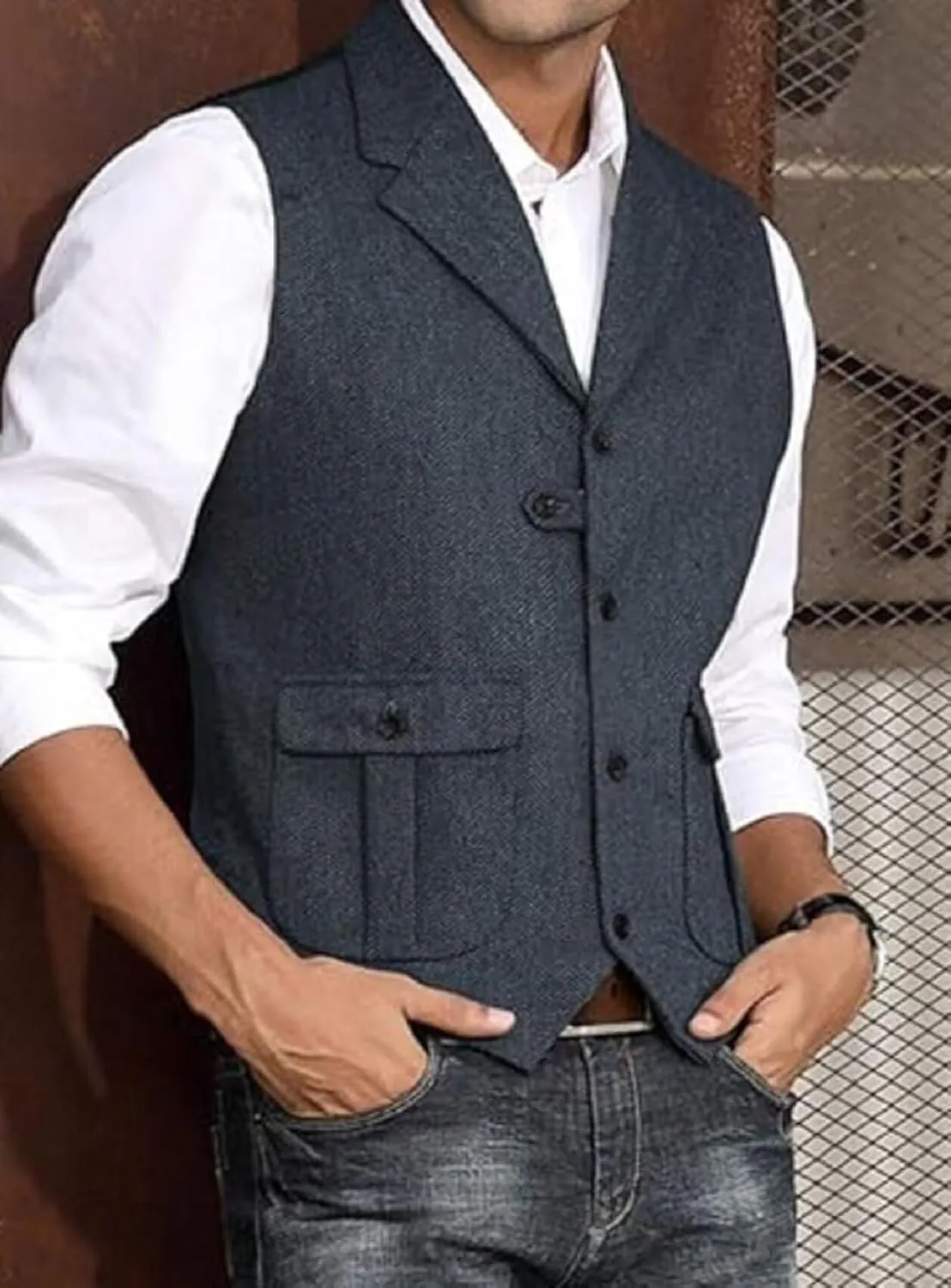 Yarizm Mens Western Herringbone Suit Vest Tweed Wool Blend Slim Fit Waistcoat with 2 Pockets