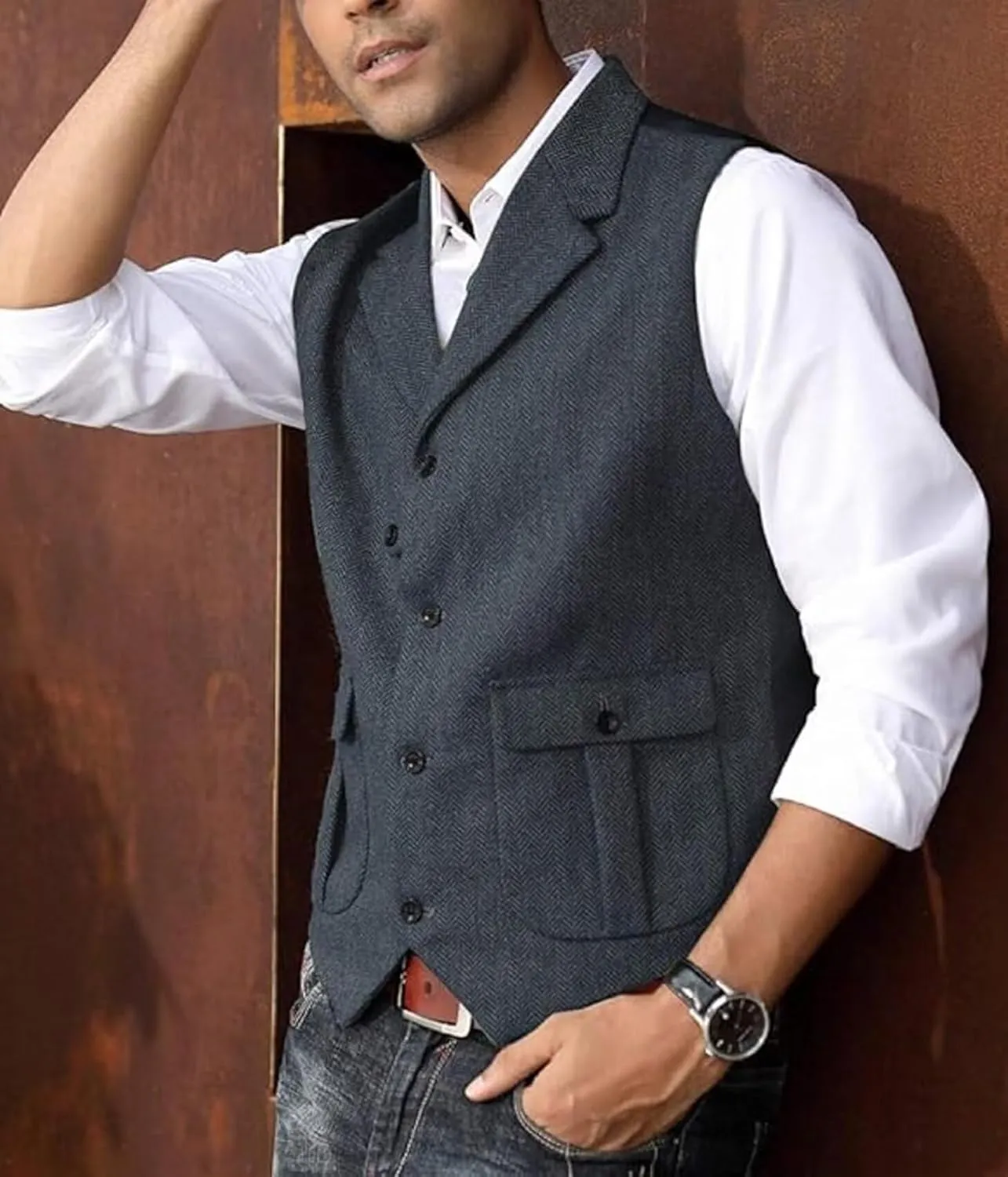 Yarizm Mens Western Herringbone Suit Vest Tweed Wool Blend Slim Fit Waistcoat with 2 Pockets