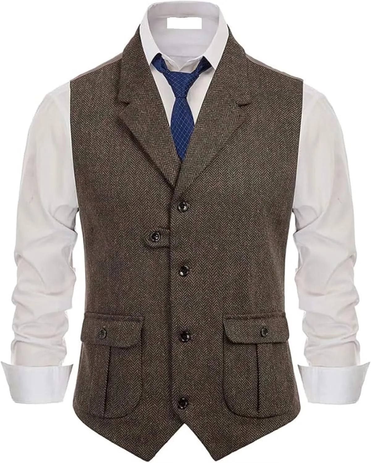 Yarizm Mens Western Herringbone Suit Vest Tweed Wool Blend Slim Fit Waistcoat with 2 Pockets